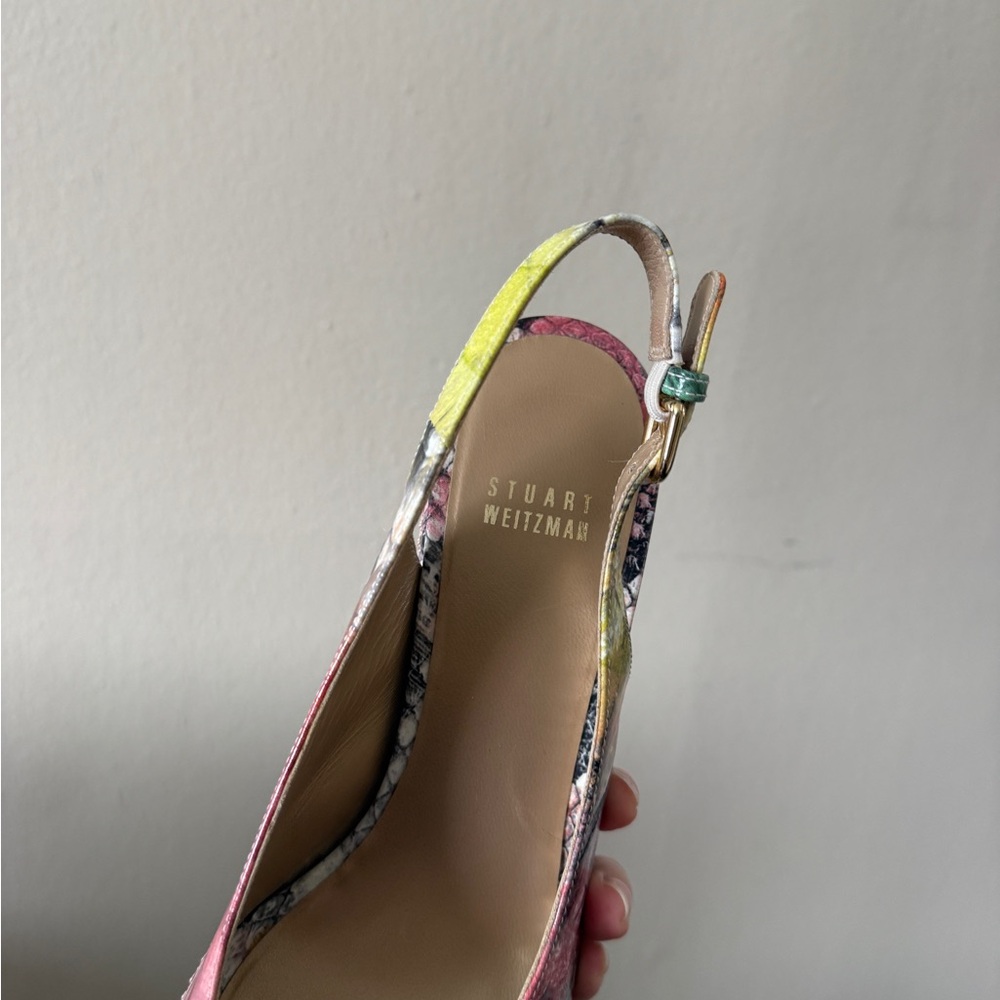 Stuart Weitzman Colorful Snakeskin Peep Toe Slingback Cork Wedges size 8.5 - Picture 9 of 10